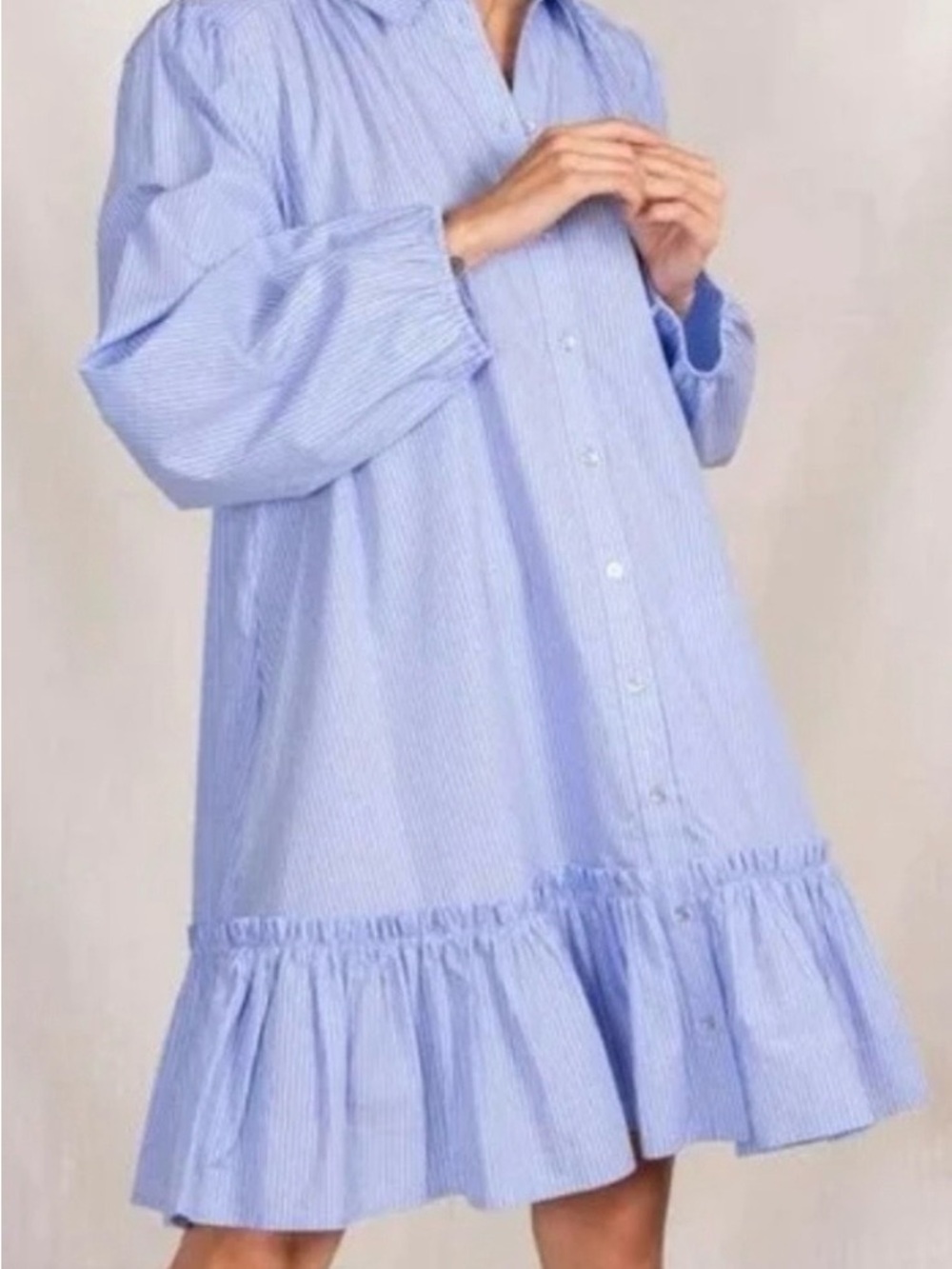Light Blue Striped Ruffle Hem Shirt Dress by Anthropologie